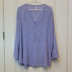 BOHO Blouse 3X Blue White Buttons Relaxed Fit GRAND and GREENE